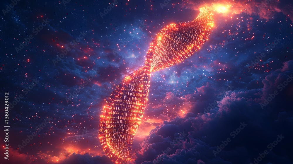 Poster glowing dna strand surrounded by binary codes representing the potential of dna data storage