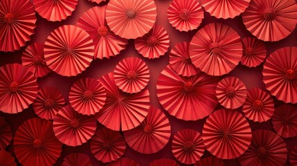 Obraz premium Red paper fan decorations, circular pattern, maroon backdrop, festive backdrop
