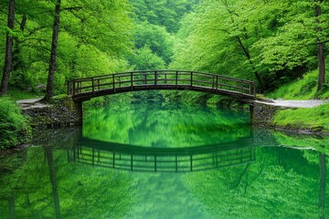 A wooden footbridge crossing a peaceful lake, reflecting the surrounding forest in the water