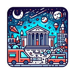 Naklejka premium Cityscape illustration with vehicles against a starry night background. Night at the museum 