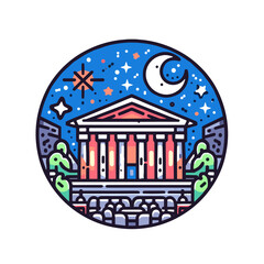 Fototapeta premium Architectural illustration of a temple under a starry night. Night at the museum 