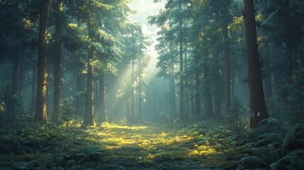 Obraz premium A dense evergreen forest covered in soft morning mist, golden sunlight filtering through tall pine trees, creating a dreamy and serene atmosphere.