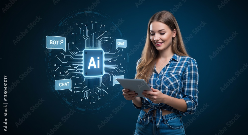 Poster young woman using tablet computer with ai chatbot interface, artificial intelligence technology conc