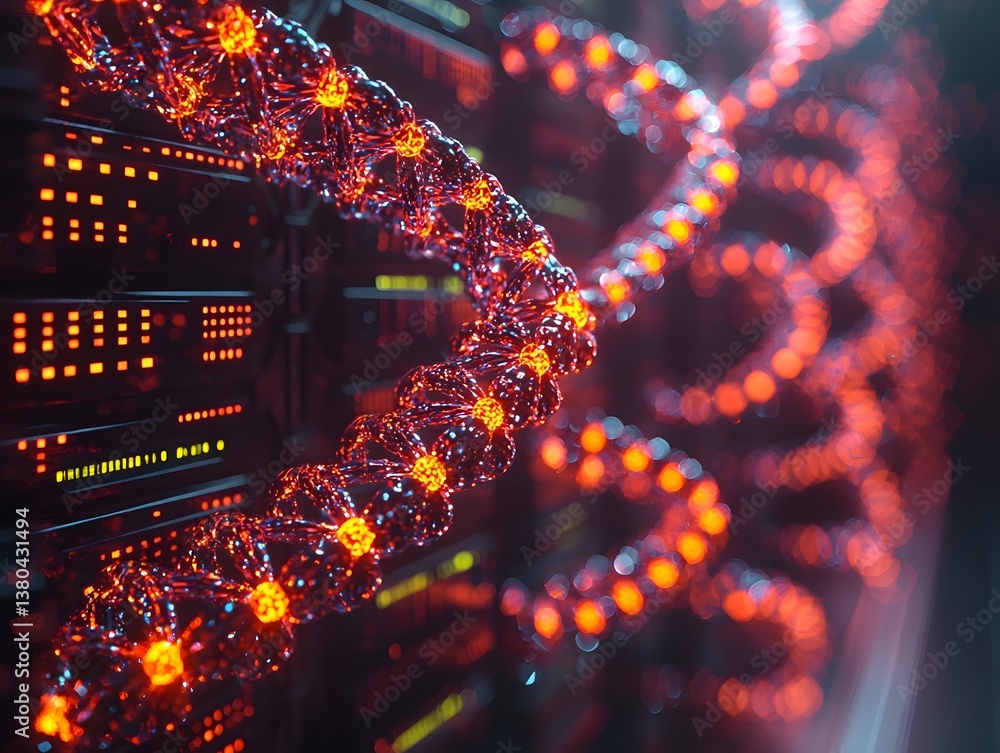 Poster glowing digital data strands connecting to a server