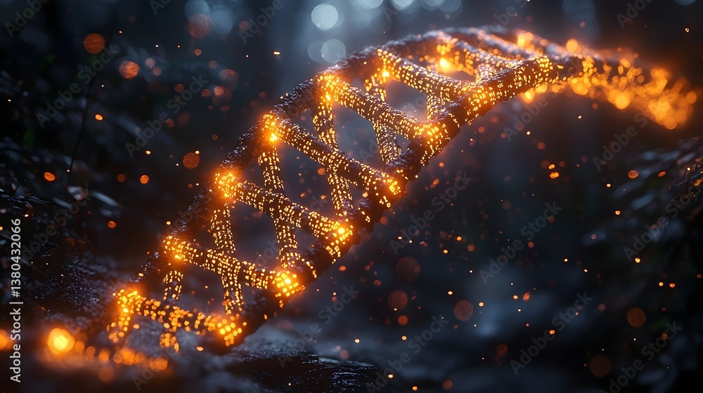 Poster glowing dna double helix with embedded binary data