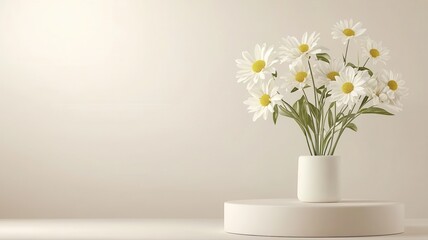 Elegant daisies in a sleek white vase on a minimalist pedestal against a neutral background.