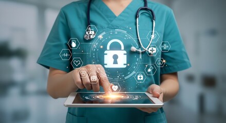 Female Doctor Using Digital Tablet with Holographic Medical Data Security Interface, Healthcare Technology and Cyber Security Concept - obrazy, fototapety, plakaty