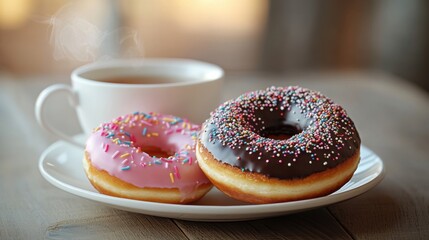 Assorted Donuts with Coffee on a Wooden Table for a Perfect Break