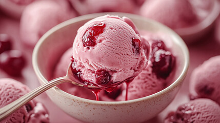 a spoonful of homemade cherry ice cream, lifted from a bowl, with cherry sauce dripping off the side
