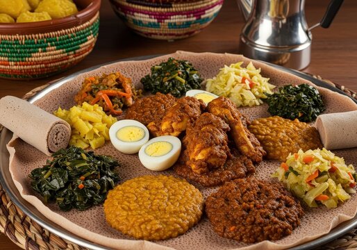 Delicious Ethiopian injera served with flavorful doro wat and assorted vegetable dishes