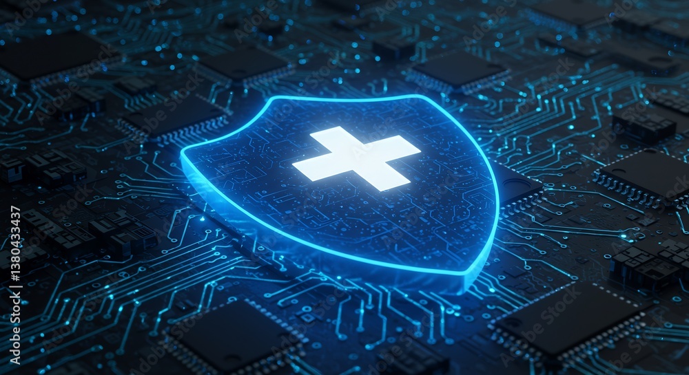 Poster futuristic digital shield with plus sign on circuit board: cybersecurity and data protection concept