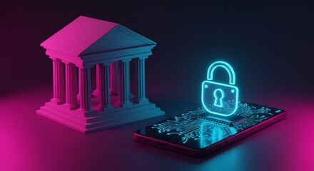 Neon Glowing Padlock Icon Hovers Over Smartphone Circuit Board Beside a 3D Model of a Classical Bank Building, Representing Online Banking Security and Data Protection.