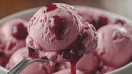 a spoonful of homemade cherry ice cream, lifted from a bowl, with cherry sauce dripping off the side