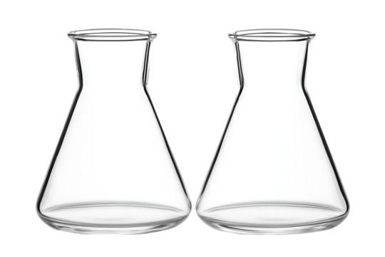 Pair of Empty Glass Erlenmeyer Flasks on White Background