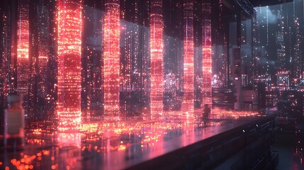 Futuristic cityscape with DNA data encoding and storage
