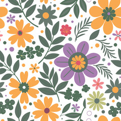 Vibrant Florals Hand Drawn Pattern on Clean White