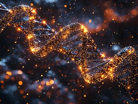 Glowing DNA morphing into QR code representing data storage and digital connectivity