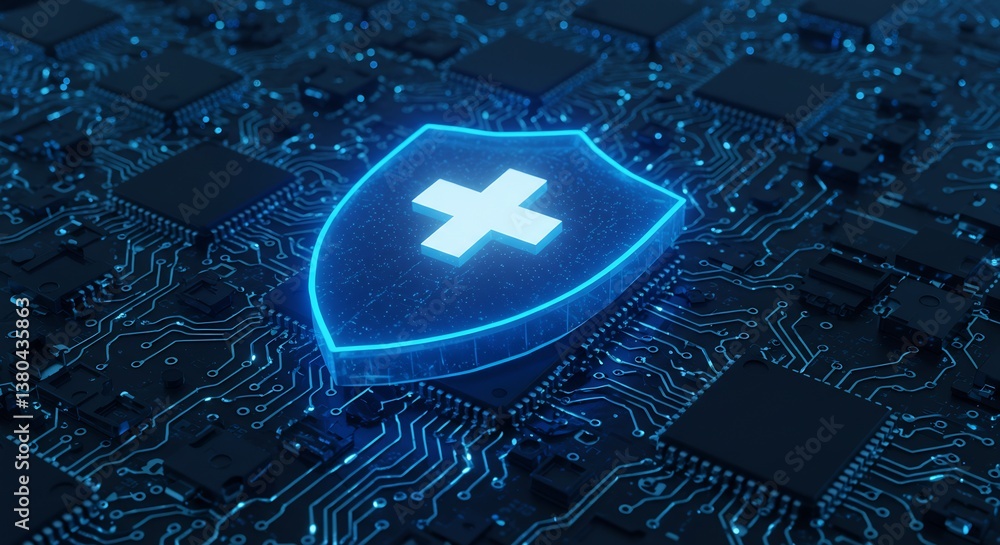 Poster futuristic digital shield with cross icon on circuit board, cybersecurity and data protection concep