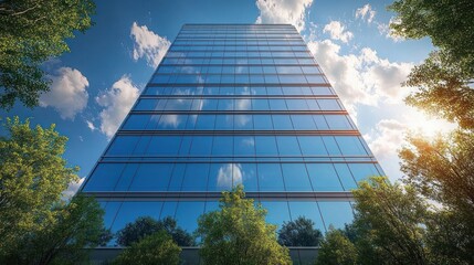 Modern office building with reflective glass facade skyline against blue sky and fluffy clouds
