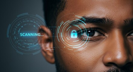 Futuristic Biometric Eye Scan: Close-up of a Man's Eye with Digital Security Overlay Showing Scanning and Lock Icon