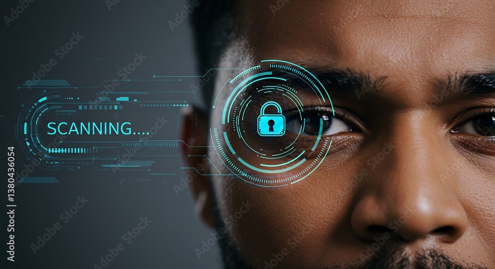 Poster futuristic biometric security scanning: close-up of a man's eye with digital overlay showing a lock 