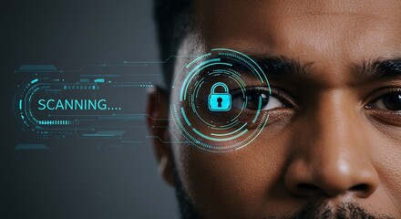 Futuristic Biometric Security Scanning: Close-up of a Man's Eye with Digital Overlay Showing a Lock Icon and "Scanning..." Text