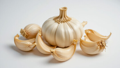 A pristine whole garlic bulb sits alongside several separated cloves, all displayed against a clean white backdrop.  The image emphasizes the bulb's texture and the cloves' delicate structure.