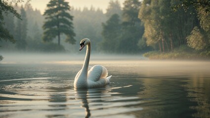 A graceful swan moves silently across a calm lake at dawn, shrouded in soft morning mist. Lush green trees create a serene backdrop in the early light