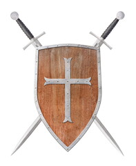 wooden shield decorated with metal cross and two swords isolated on white