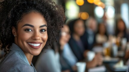 Fototapeta premium Confident Businesswoman Smiling Amidst a Conference of Diverse Professionals