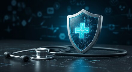 Digital Shield Protecting Medical Data: Cybersecurity and Healthcare Concept with Stethoscope and Binary Code