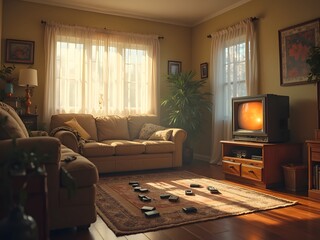 1990s living room with a boxy TV in the corner, morning light pouring through curtains, VHS tapes scattered on the coffee table. Vintage, warm color grading, 24mm wide-angle lens,	