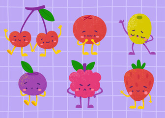 Cute berries set. Cartoon textured berries characters.