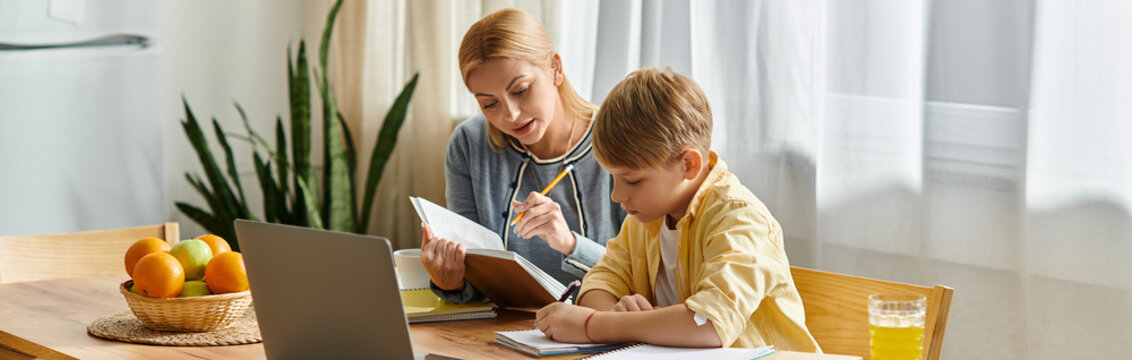 Mother helps son with homework in a cozy kitchen filled with warmth and sunlight