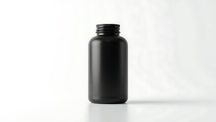 Matte Black Pill Bottle on White Backdrop for Pharmaceutical Product Presentation