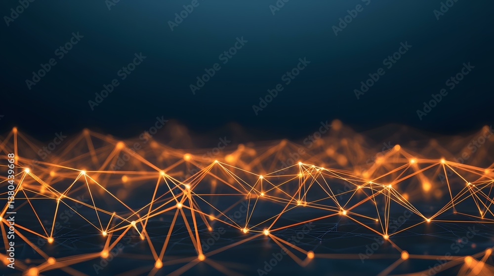 Poster an abstract image depicting a network of interconnected glowing orange nodes and lines against a dar