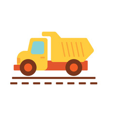 Colorful dump truck on road. Flat illustration of a yellow dump truck driving on a dashed road, ideal for kids' educational or construction-themed designs
