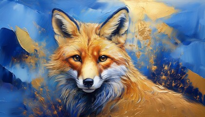 fox gold and blue oil painting with thick brush strokes