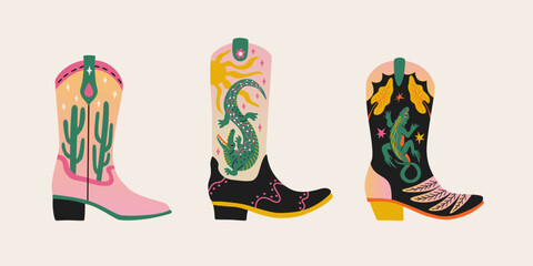 Various quirky cowboy boots. Country shoe with cactus, crocodile and lizard. Wild west theme. Cartoon vector set isolated on background.