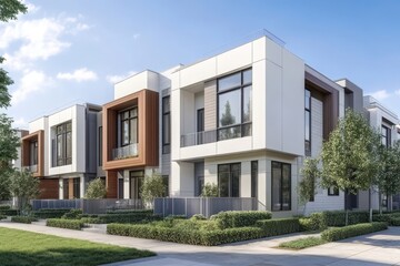 Fototapeta premium Modern townhouses bathed in sunlight, showcasing sleek architecture and a vibrant community setting with lush green landscaping.
