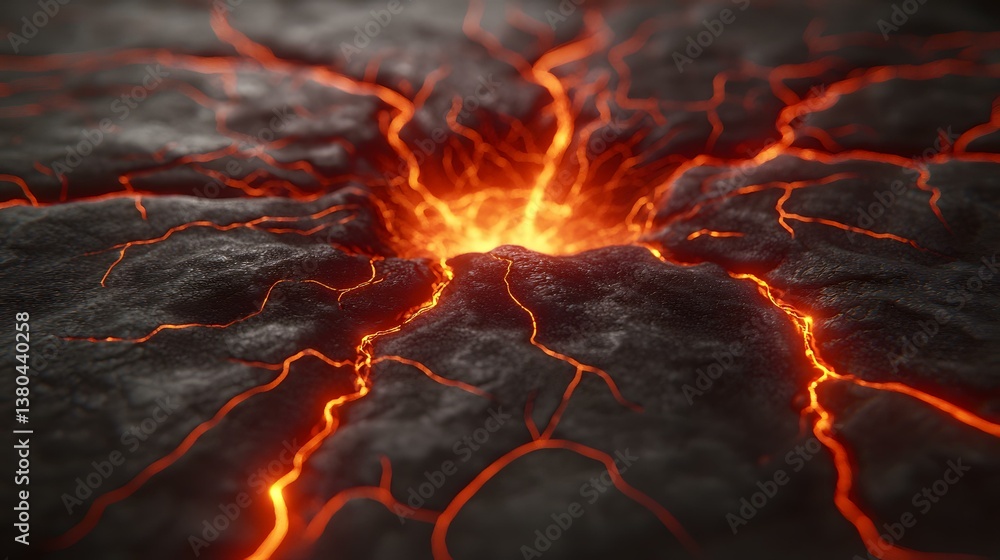 Poster the image shows a close-up view of molten lava flowing through cracks in dark volcanic rock, creatin
