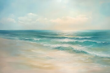 Fototapeta premium Serene coastal dawn, soft teal waves gently lapping a tranquil sandy shore under a pale sunlit sky.