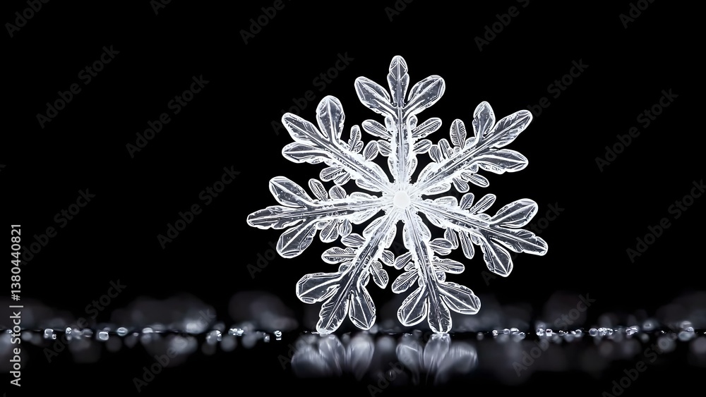 Poster a detailed and intricate snowflake with delicate, symmetrical patterns against a black background. c
