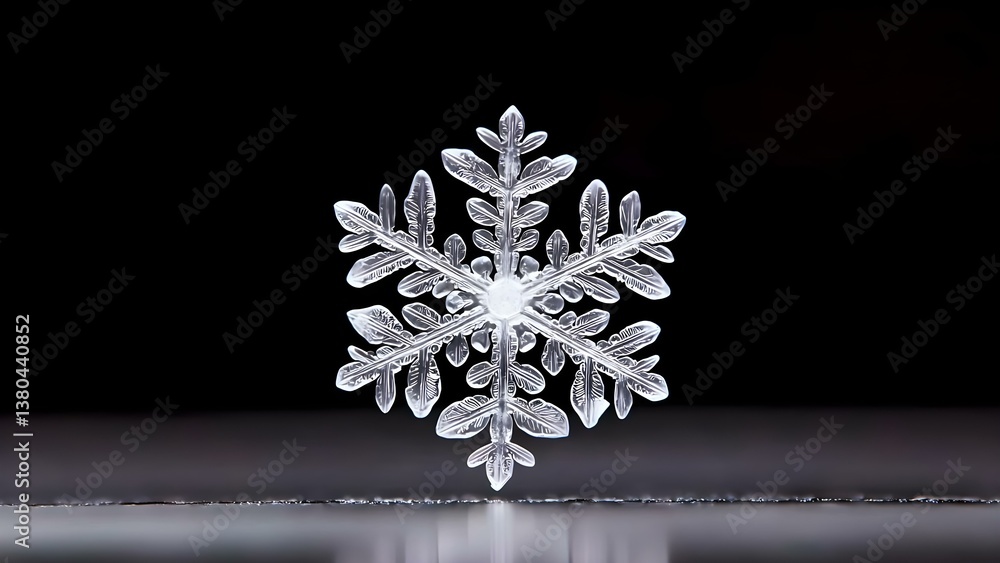 Poster a detailed snowflake captured in sharp focus against a dark background, showcasing its intricate cry