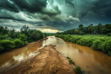 Fototapeta premium Minimalist Muddy River Landscape: Lush Greenery, Cloudy Sky, Nature Photography