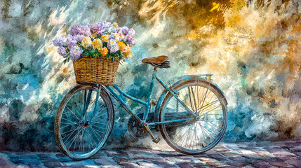 Fototapeta premium Watercolor Scene of Vintage Bicycle with Wildflowers