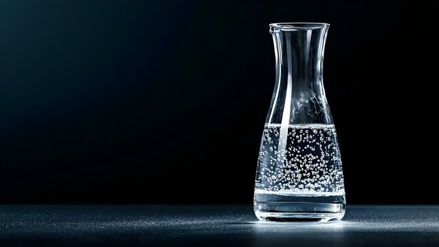 A glass carafe filled with carbonated water, showcasing bubbles against a dark background. Concept Carbonated Water, Glass Carafe, Bubbles in Liquid, Dark Background, Refreshing Beverage