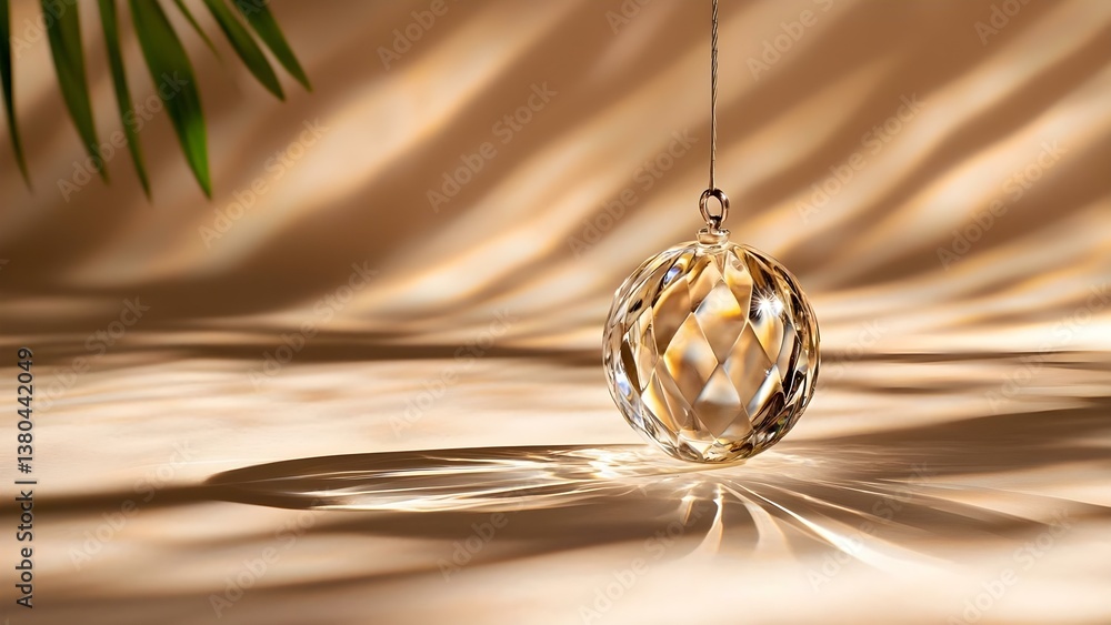 Poster a crystal ornament hangs, casting intricate shadows on a smooth surface, illuminated by soft light. 
