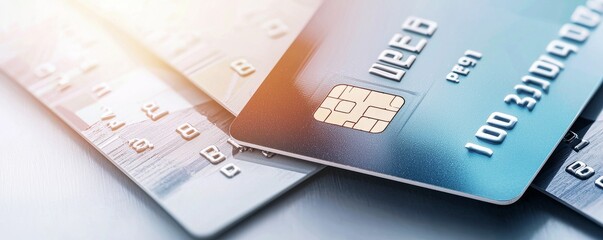 Multiple credit cards displayed on a surface.