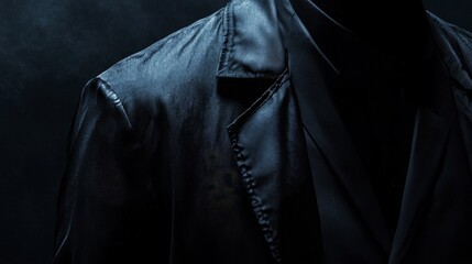 Mysterious figure in dark attire under dim light.